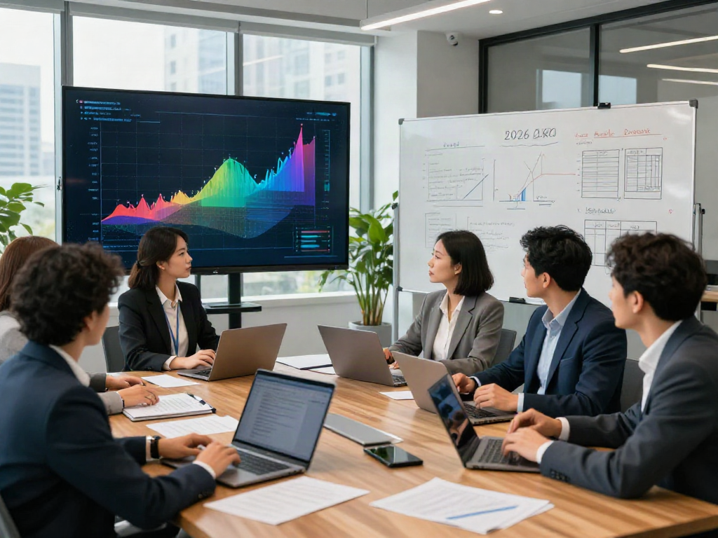 Team of financial analysts discussing the top 50 banks in USA for 2026 in a modern office.