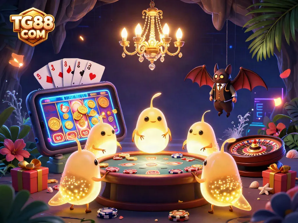 Experience the excitement of TG88 COM in this vibrant casino scene with glowing characters and rich gaming elements.
