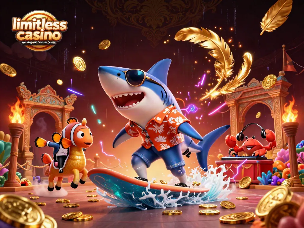 Explore limitless casino no deposit bonus codes with vibrant 3D illustration of a surfing shark amidst casino elements