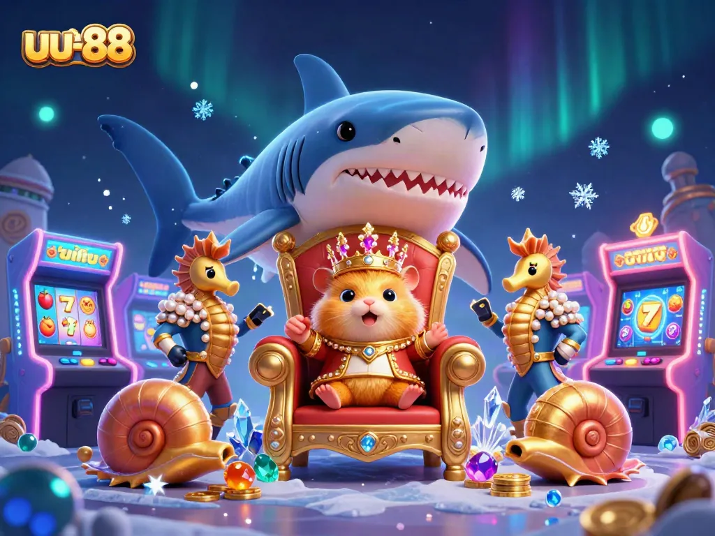 Join the excitement at uu-88 with a cartoon hamster king surrounded by vibrant slot machines.