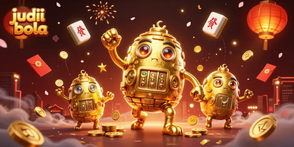 Engage in thrilling judi bola betting with dynamic visuals of a golden golem amidst festive casino elements.