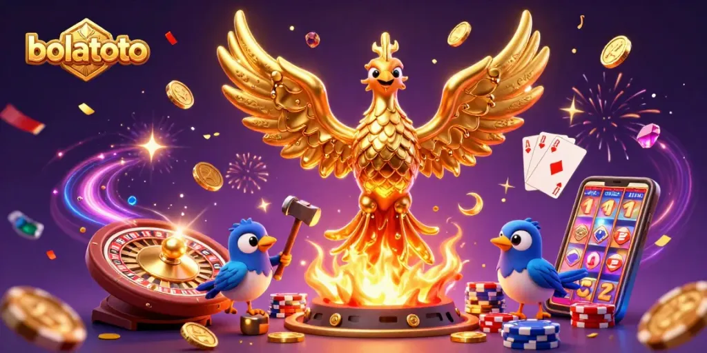 Experience bolatoto's thrilling world with golden phoenix, coins, and vibrant casino elements.