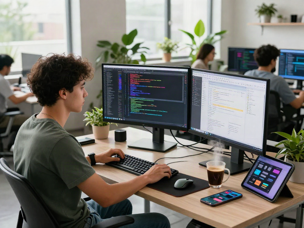 Gambar ruang kerja inovatif untuk pengembang perangkat lunak, menunjukkan proses coding dengan fokus pada penggunaan teknologi cepat, 快连.