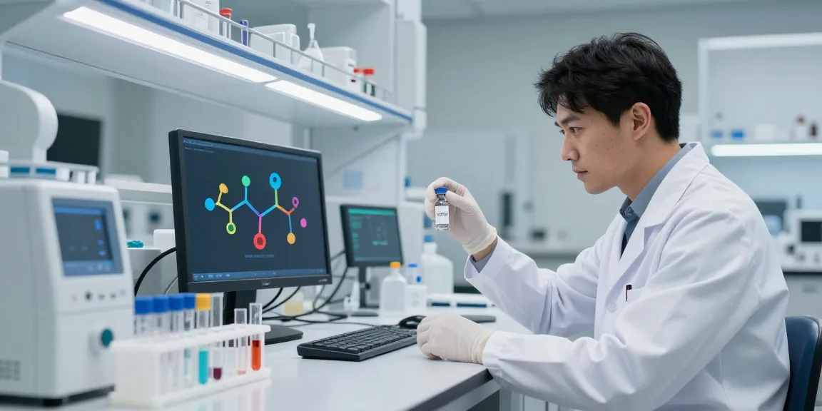 CJC-1295 Ipamorelin blend research in a modern laboratory with a scientist inspecting a vial.