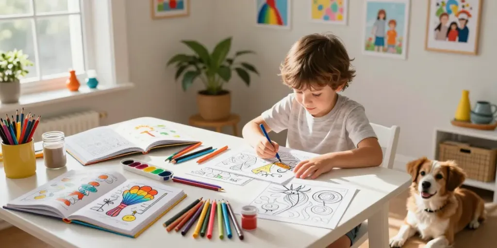 Child engaging with freecoloringsheets.net coloring pages surrounded by art supplies.