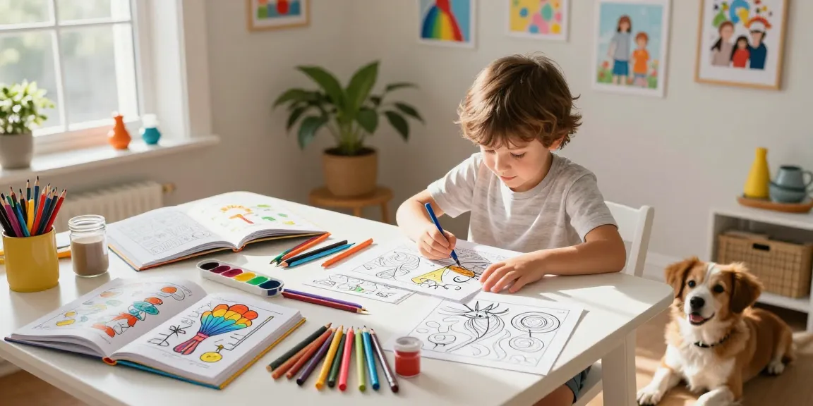 Child engaging with freecoloringsheets.net coloring pages surrounded by art supplies.