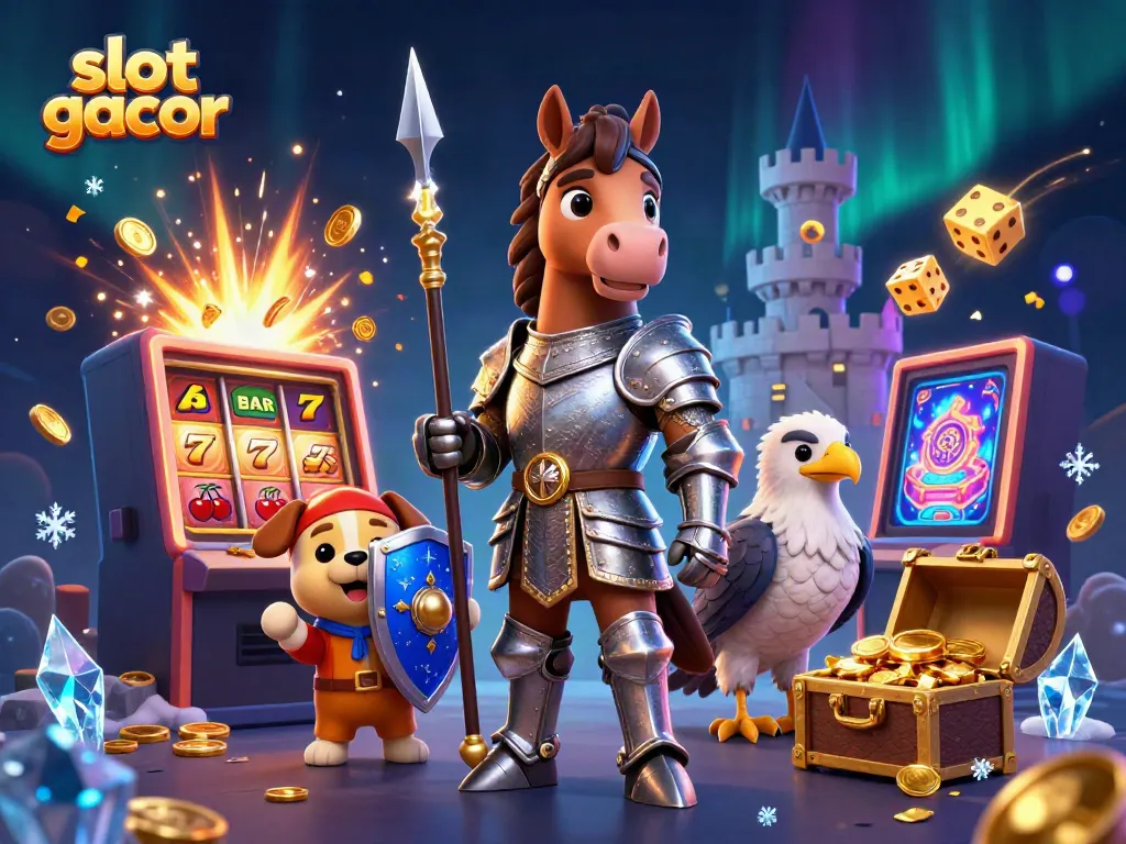 Experience the thrill of slot gacor with a knight, puppy, and falcon in an explosive casino scene.
