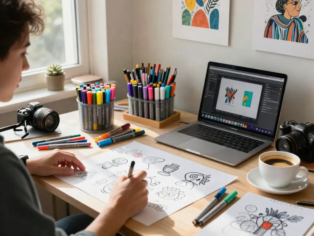 Creative workspace of a marker pen supplier featuring colorful pens, artwork, and a laptop.