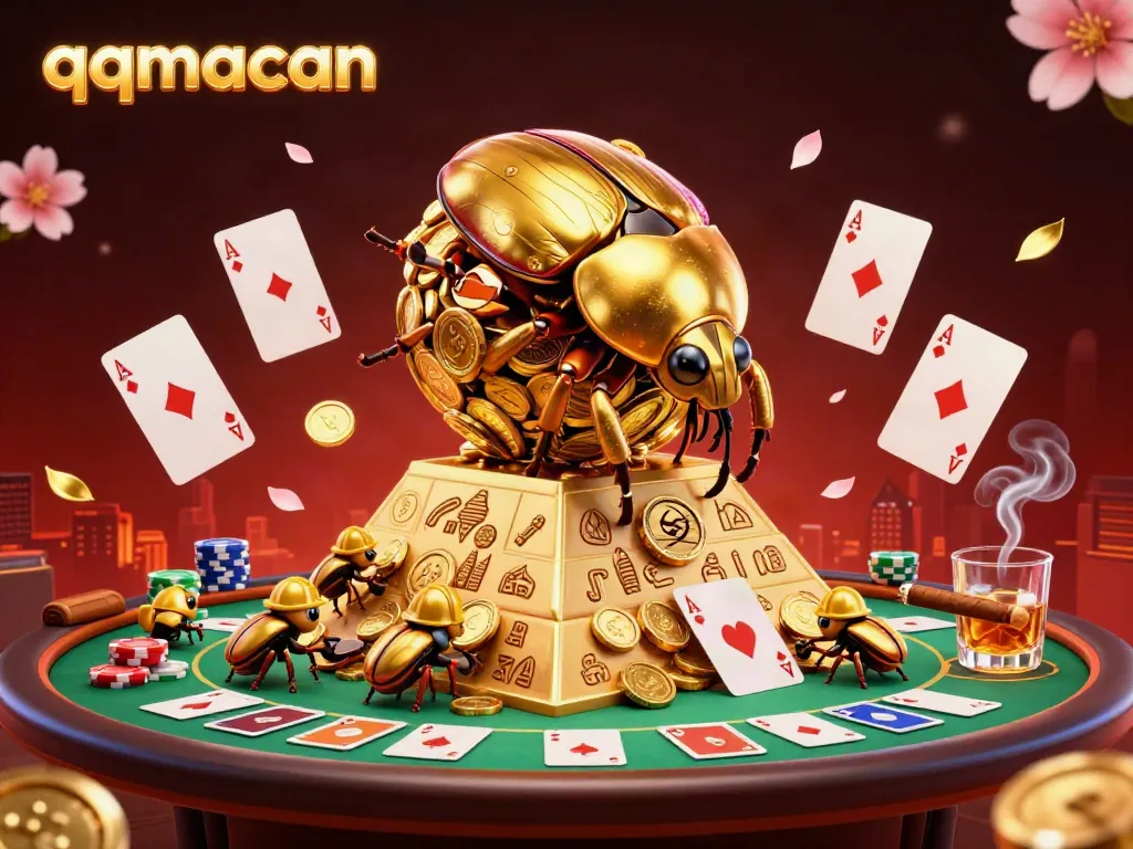 Experience the thrill of qqmacan with golden coins and vibrant poker action in this dynamic 3D illustration.