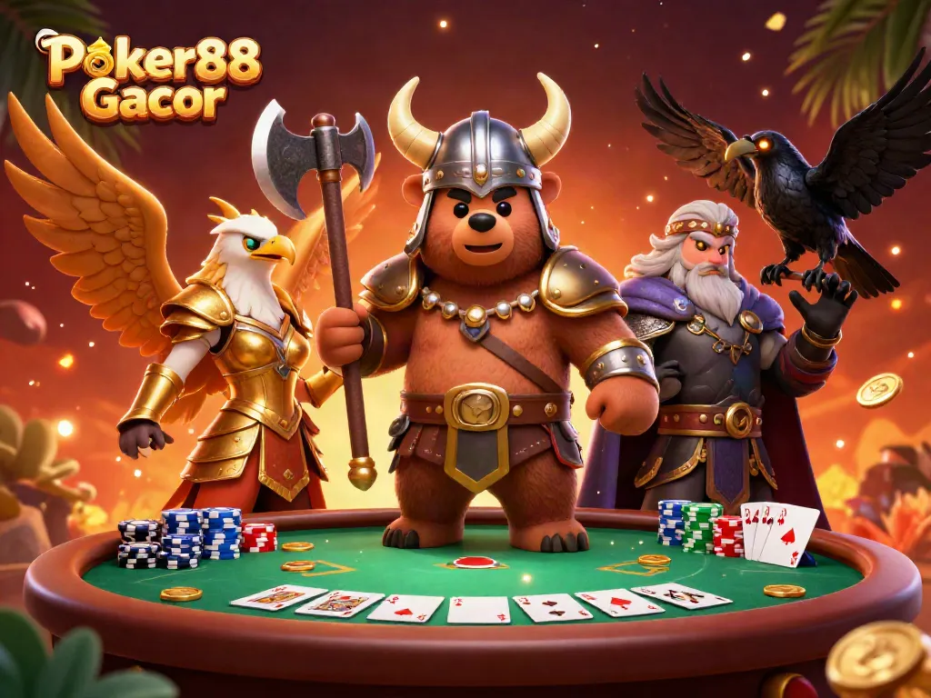 Engage in Poker88 Gacor action with vibrant characters and dynamic poker elements illuminating the virtual casino.