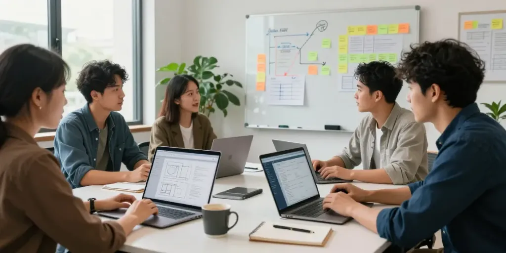 Collaborative team planning their mvp development service during a meeting in a modern workspace
