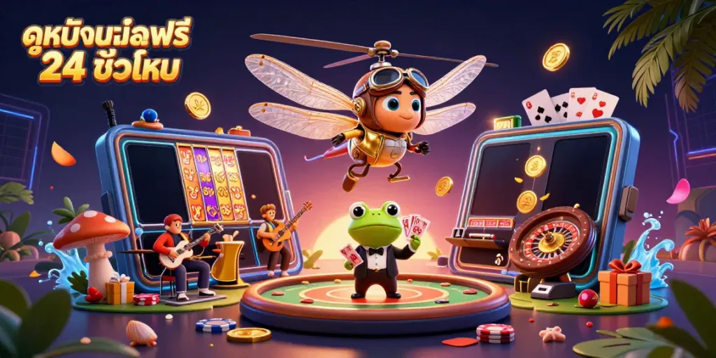 Experience excitement with ดูหนังออนไลน์ฟรี 24 ชั่วโมง as you join a frog croupier and dragonfly pilot in a vibrant, dynamic casino scene.