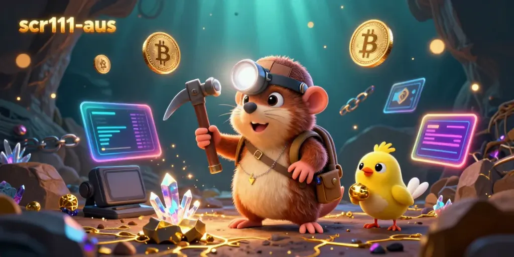 Join the SCR111-aus adventure with our treasure hunter mole and canary amidst a vibrant crypto-themed scene.