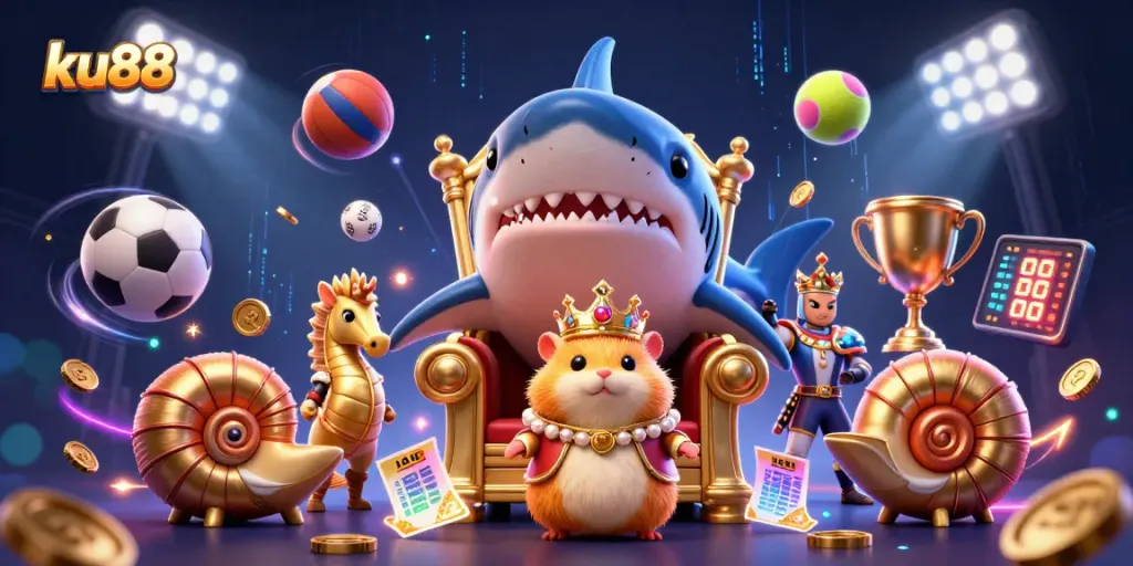 ku88 brings vibrant casino energy with a fierce golden hamster king throne illustration.