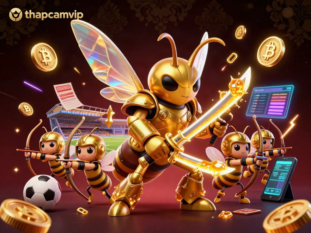 Experience thrilling sports betting action with thapcamvip, featuring a dynamic illustration of a samurai hornet and bee archers.