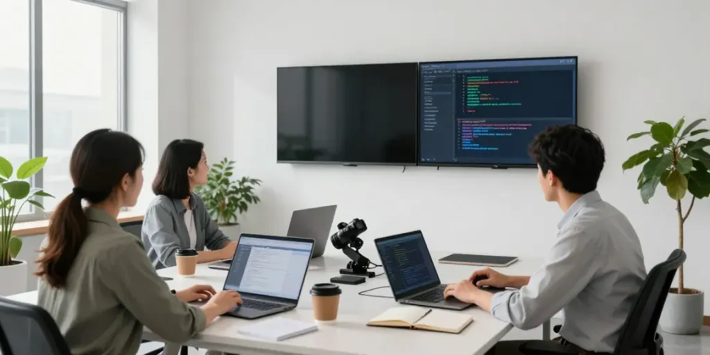 Developers using a unified LLM API in a collaborative office environment.