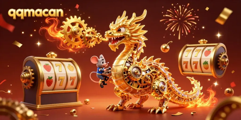 Engage with exciting slot games at qqmacan featuring a golden dragon and vibrant casino elements.