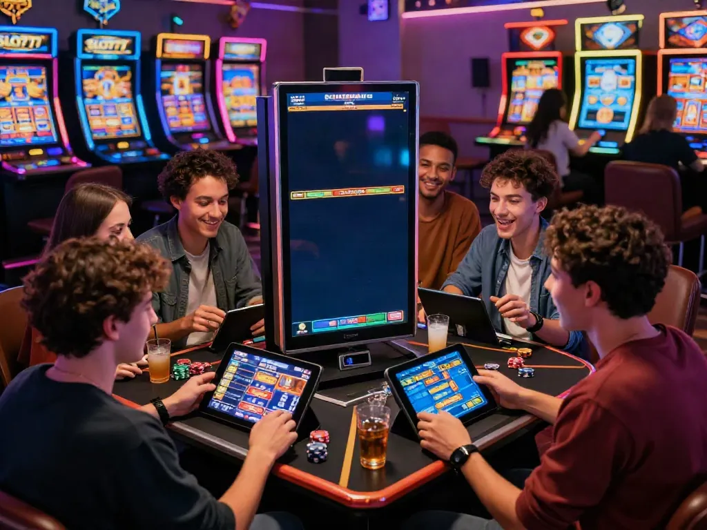 Exciting SLOT777 online gaming scene with diverse players engaged in lively slot games.