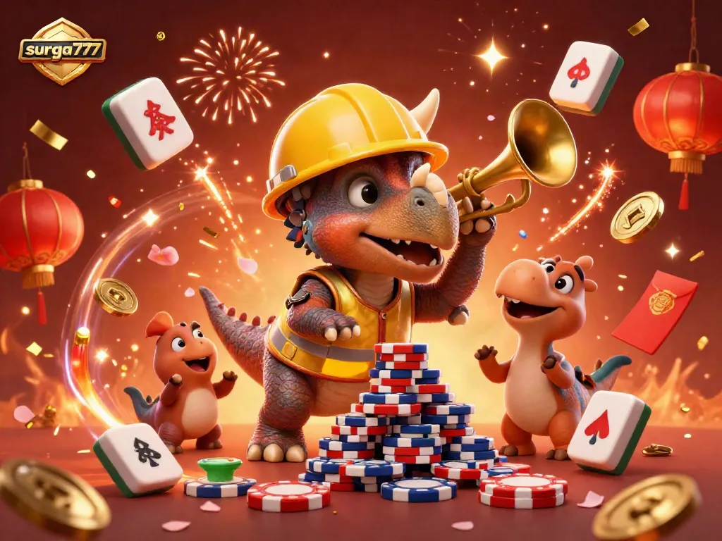Experience thrilling action at surga777 with a dynamic scene of cheerful cartoon dinosaurs building poker chip pyramids.