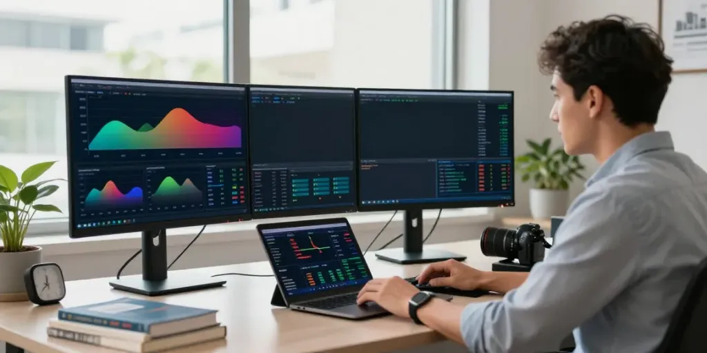 Trader analyzing TradingView charts in a bright modern workspace with dual monitors