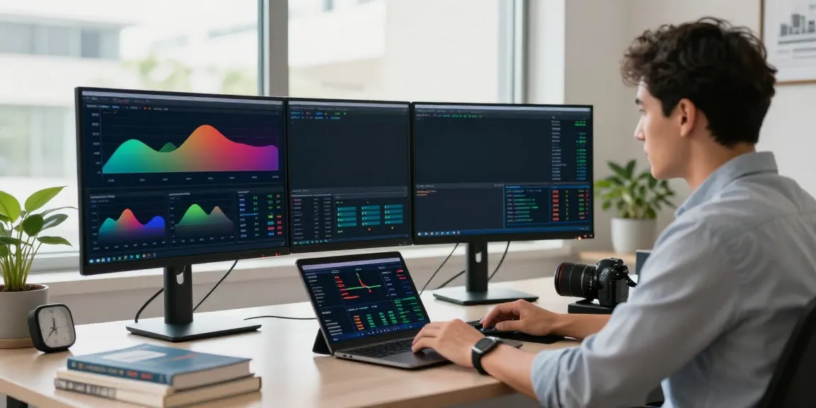 Trader analyzing TradingView charts in a bright modern workspace with dual monitors