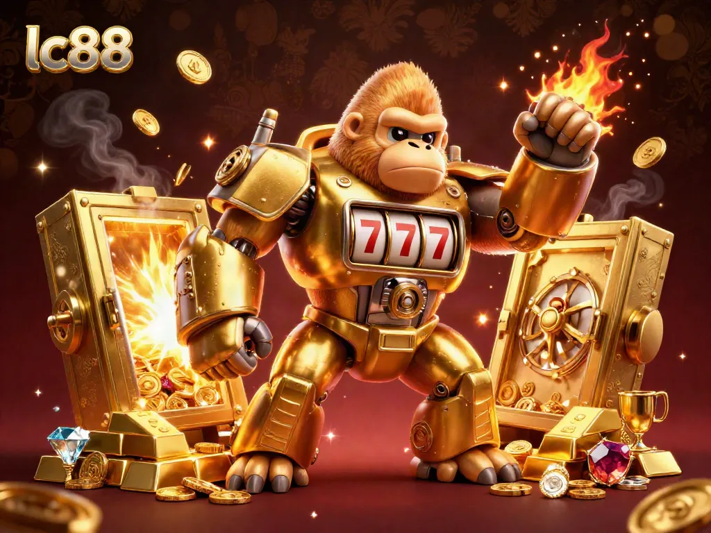Experience the excitement of lc88's gaming world with a dynamic golden gorilla mech and sparkling treasures.