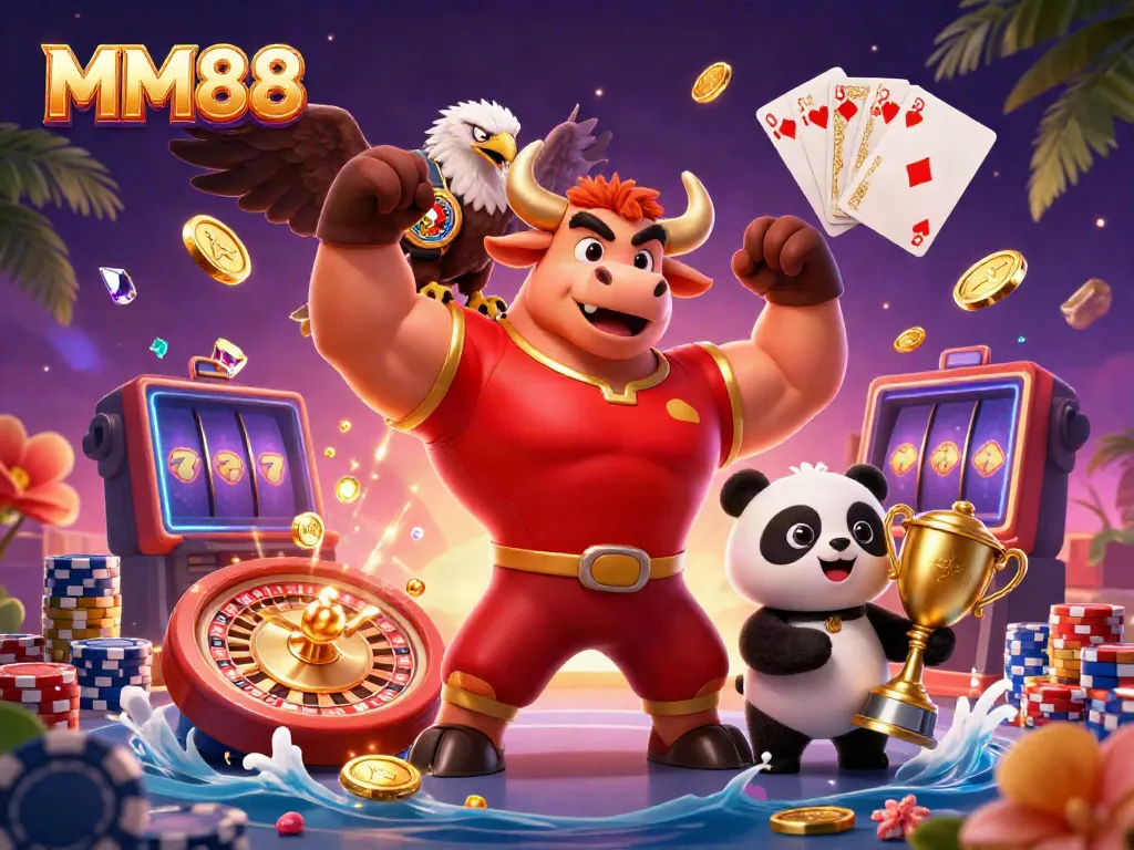 Win big at MM88 with a vibrant casino scene featuring mascot characters and dynamic gaming elements.