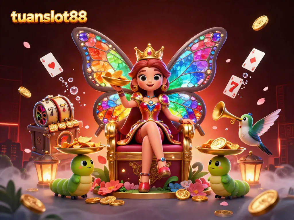 tuanslot88, ilustrasi perjudian slot yang memukau dengan karakter ratu kupu-kupu dan elemen menarik.