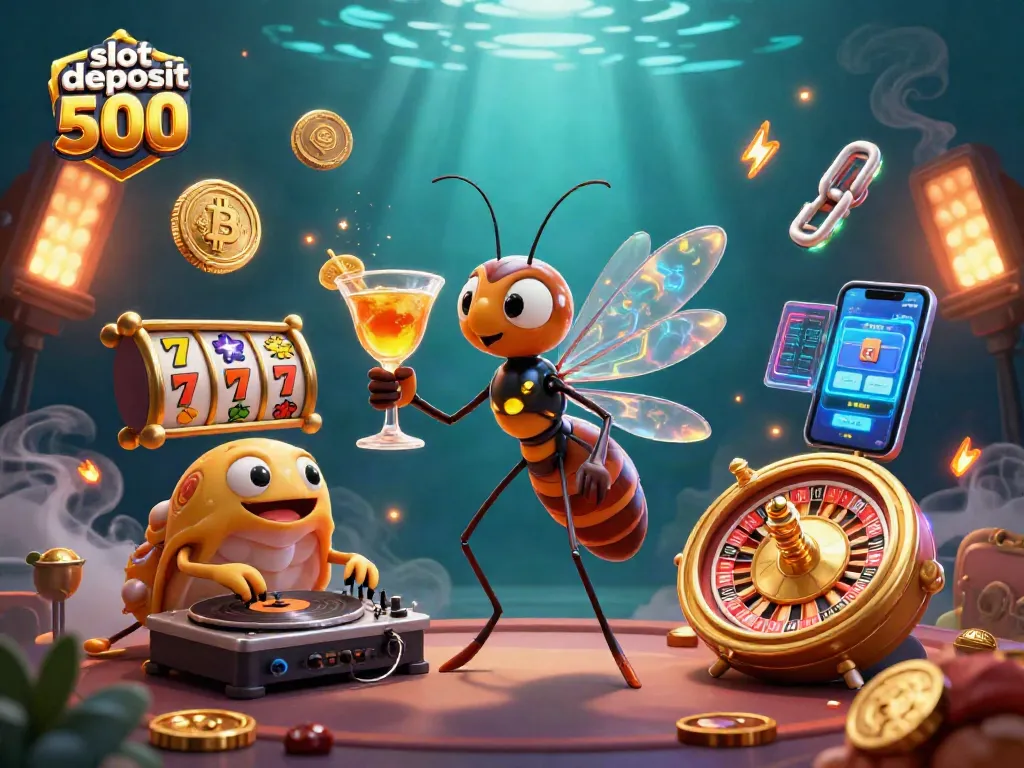 Experience the excitement of slot deposit 500 with a vibrant 3D casino scene featuring iconic symbols and characters.