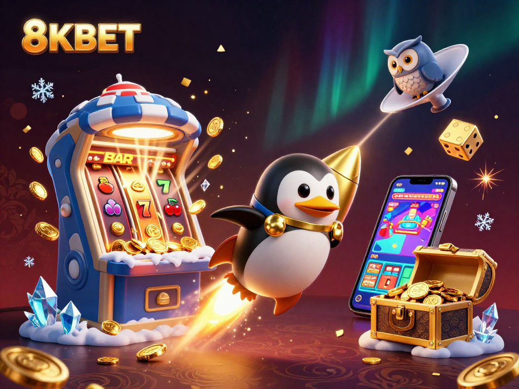Experience the thrilling adventure of 8KBET as a golden penguin rockets toward a casino space station.