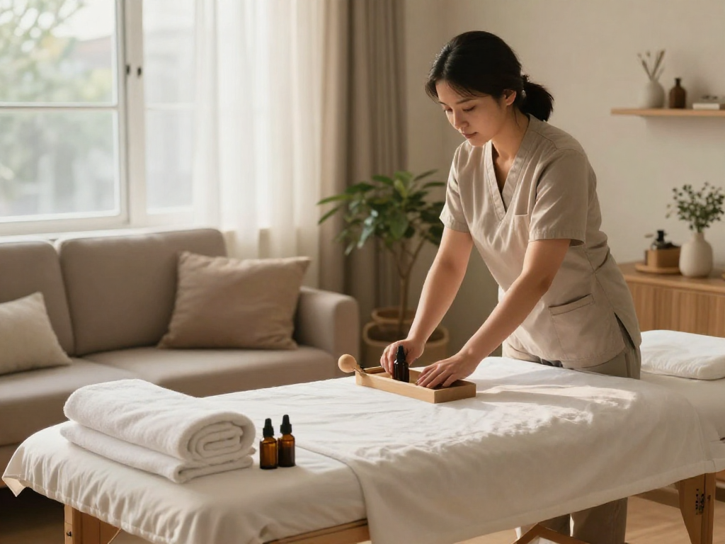 용산출장마사지 setup in a cozy living room with professional massage tools and calming atmosphere.