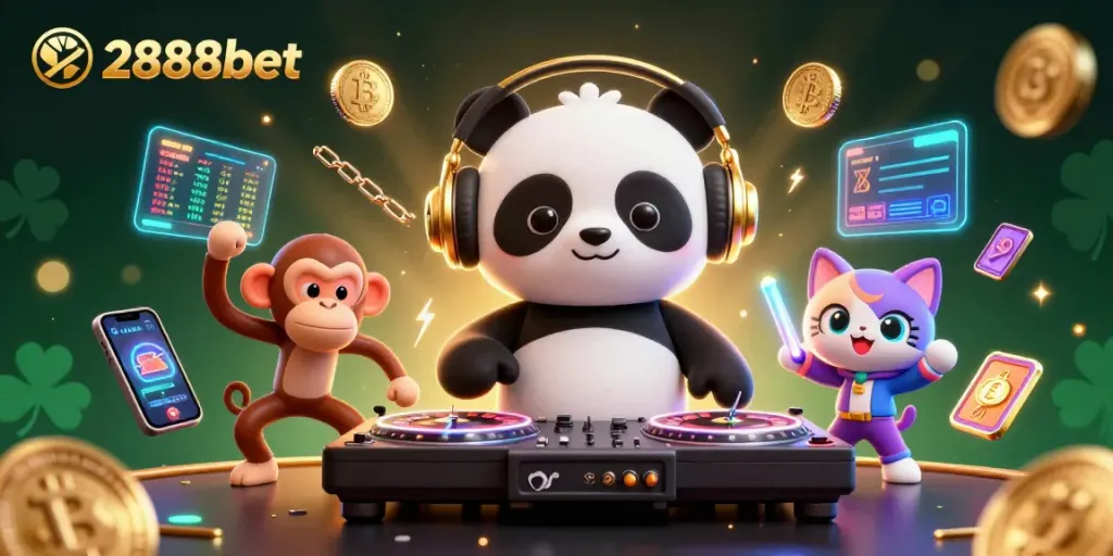 Experience the thrill of 2888bet with a vibrant casino scene featuring animated characters.
