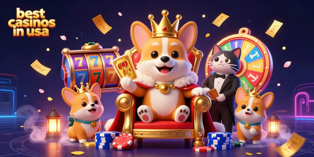 Experience the best casinos in usa with a royal corgi and dynamic casino elements surrounding them.
