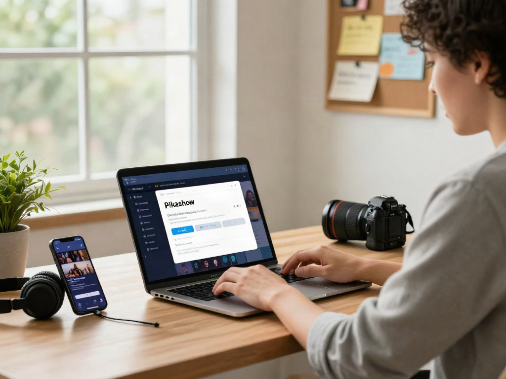 Pikashow APK download being executed on a laptop in a modern workspace, showcasing tech gadgets and streaming content.