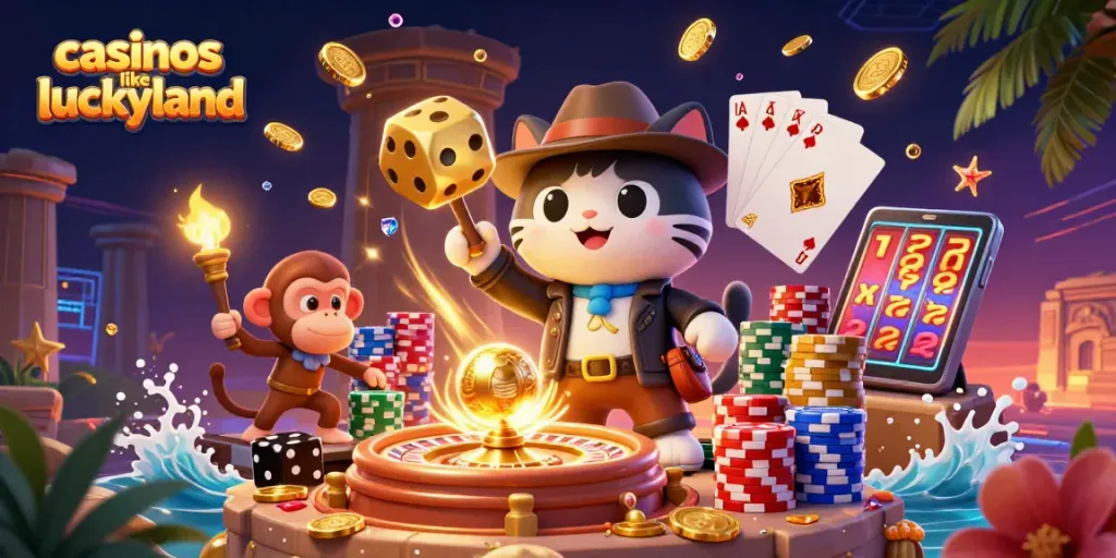 Discover epic wins at casinos like LuckyLand in this vibrant 3D illustration brimming with excitement.