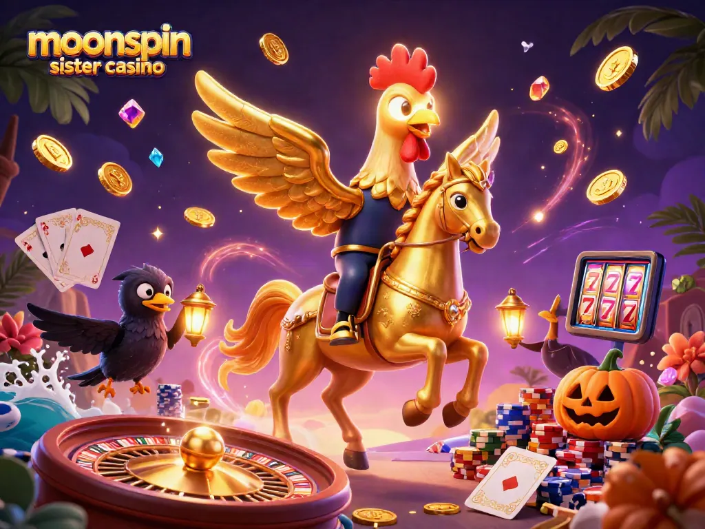 Experience immersive gaming at moonspin sister casino with a golden rooster and dynamic casino elements.
