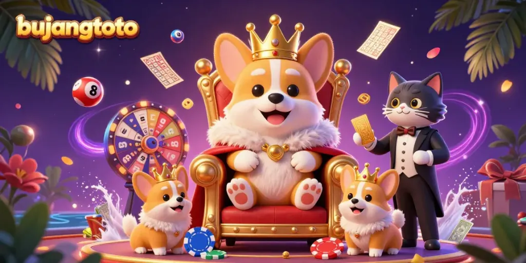 Enjoying gamified thrills with bujangtoto featuring a royal corgi and vibrant lottery elements.