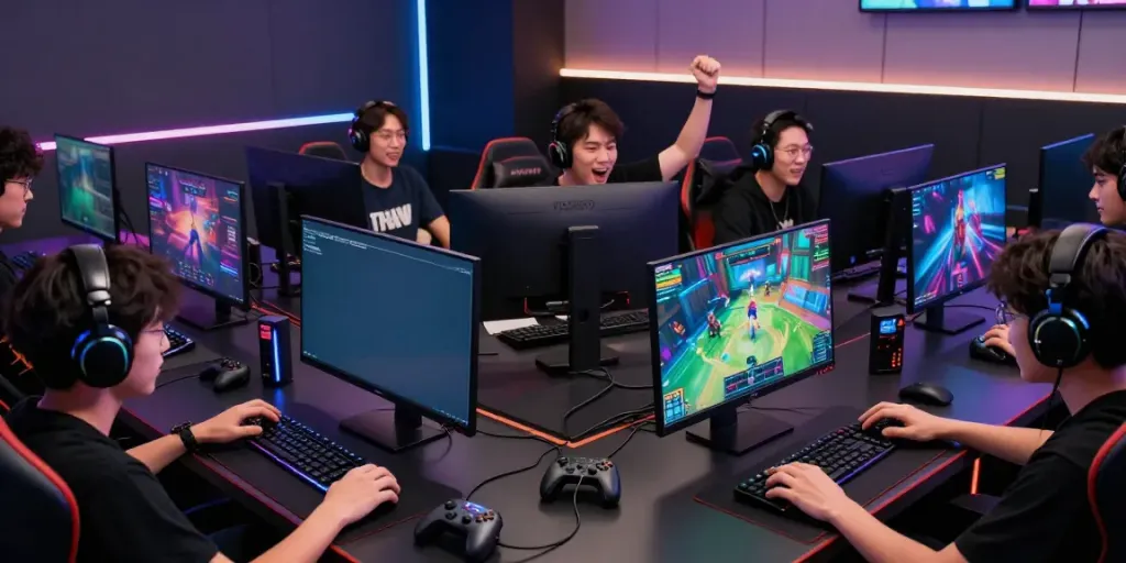 Players enjoying thrilling game online experiences in a vibrant gaming lounge.