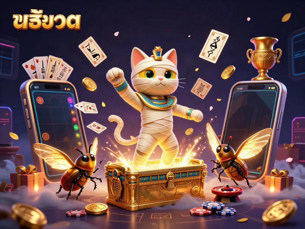 Experience the thrill of สล็อต with a vibrant scene featuring an Egyptian mummy cat, mystic elements, and exciting game symbols.