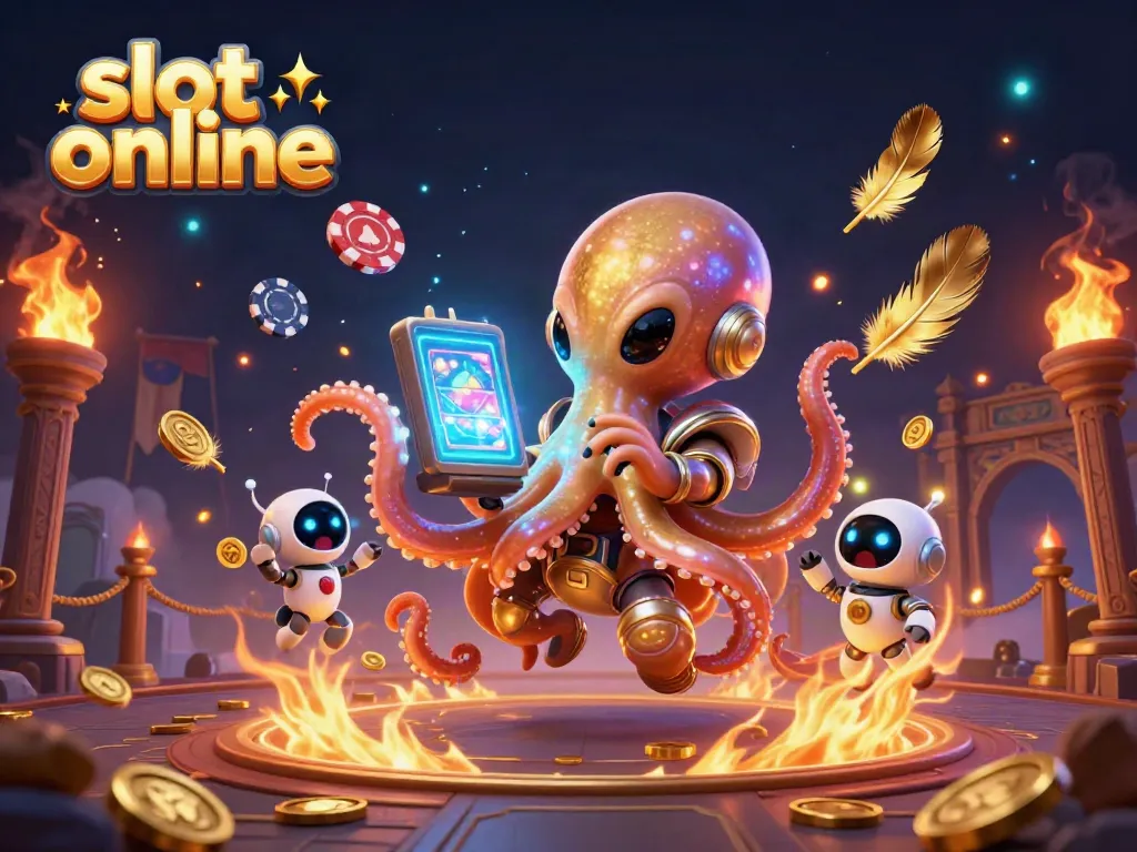 Spin to win with a slot online game featuring a shimmering octopus and robot companion.