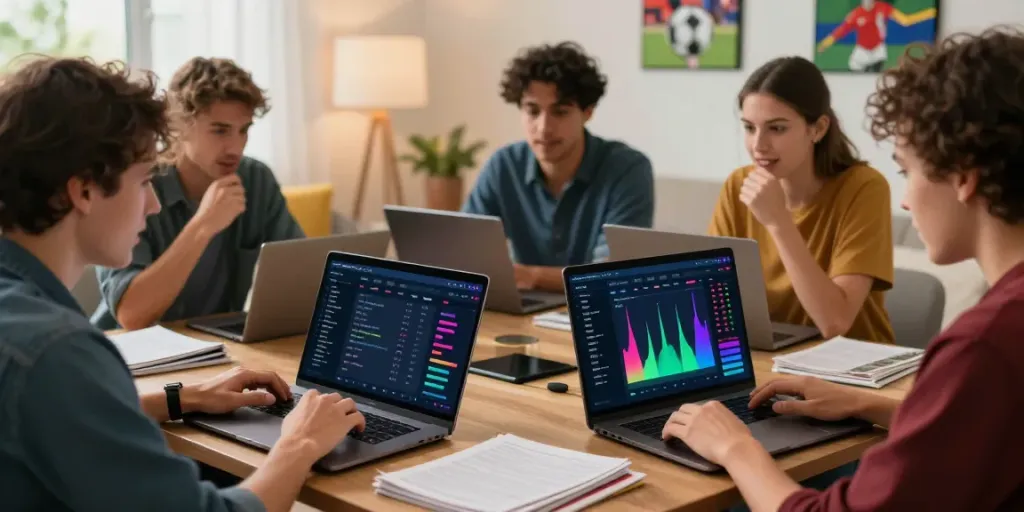 Exciting group analyzing Taruhan Bola DewaGG stats on laptop, showcasing a vibrant betting atmosphere.