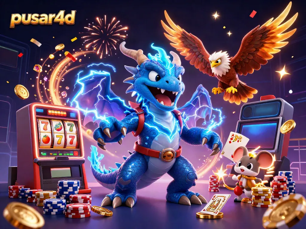Pusar4d gaming experience with dynamic characters, golden coins, slot reels, and vibrant colors.