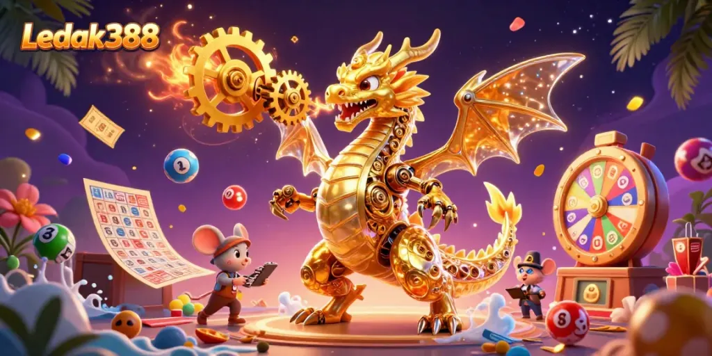 Experience winning moments with Ledak388, featuring a golden dragon and lottery action.