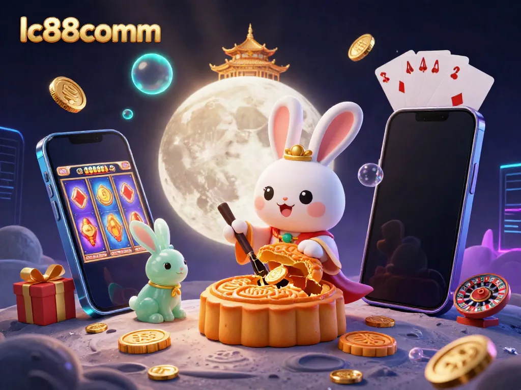 Experience exciting slot games with lc88comm's lively illustration of a moon rabbit and poker chips.