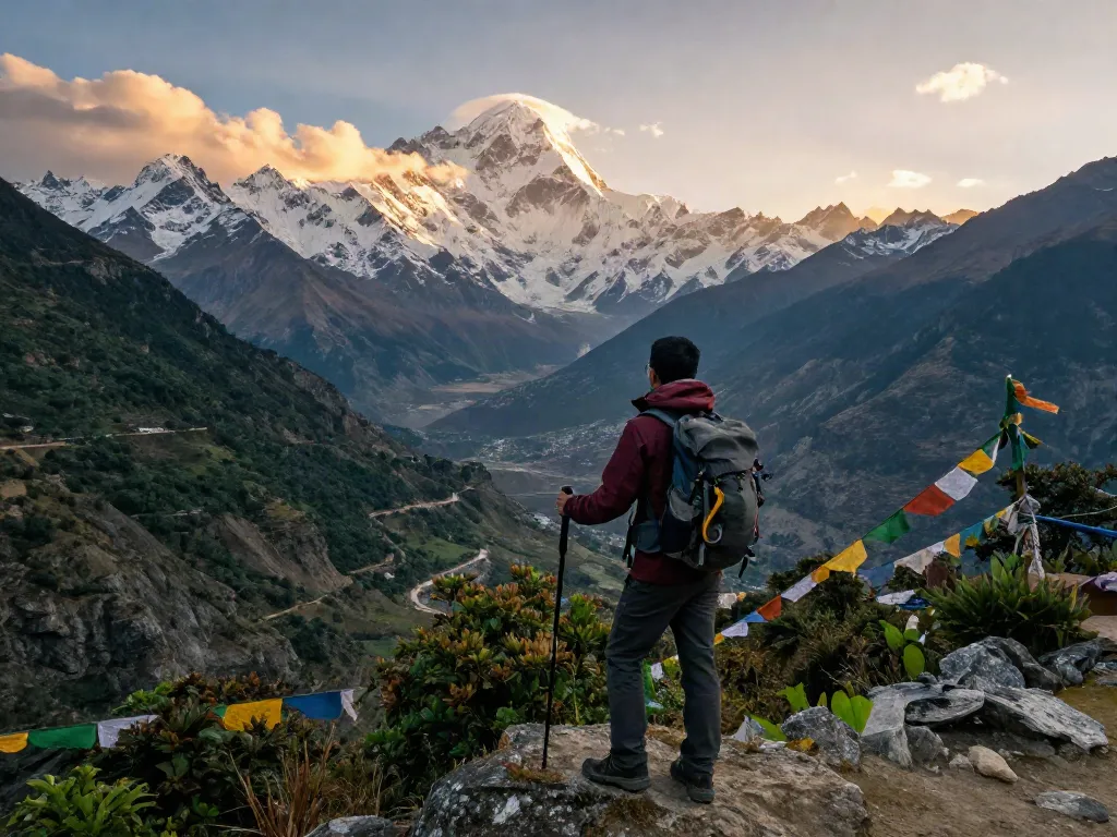 Manaslu Trek traveler overlooking snow-capped peaks and valleys during golden hour on an adventurous Himalayan journey.