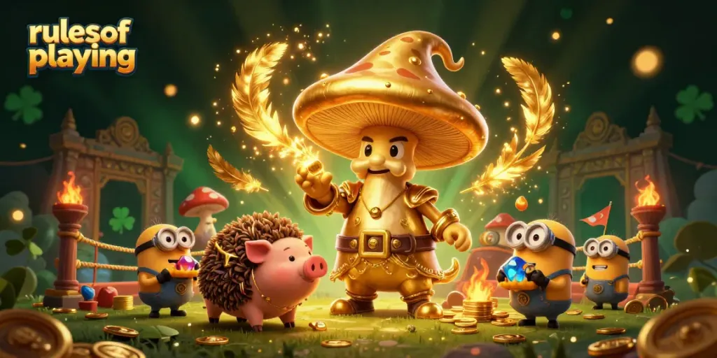 Engage with rulesofplaying as a magical mushroom wizard turns elements to gold in an animated casino scene.