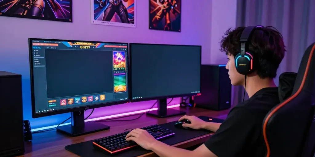 Engaging online gaming setup showcasing vibrant สล็อต game graphics with intense focus.