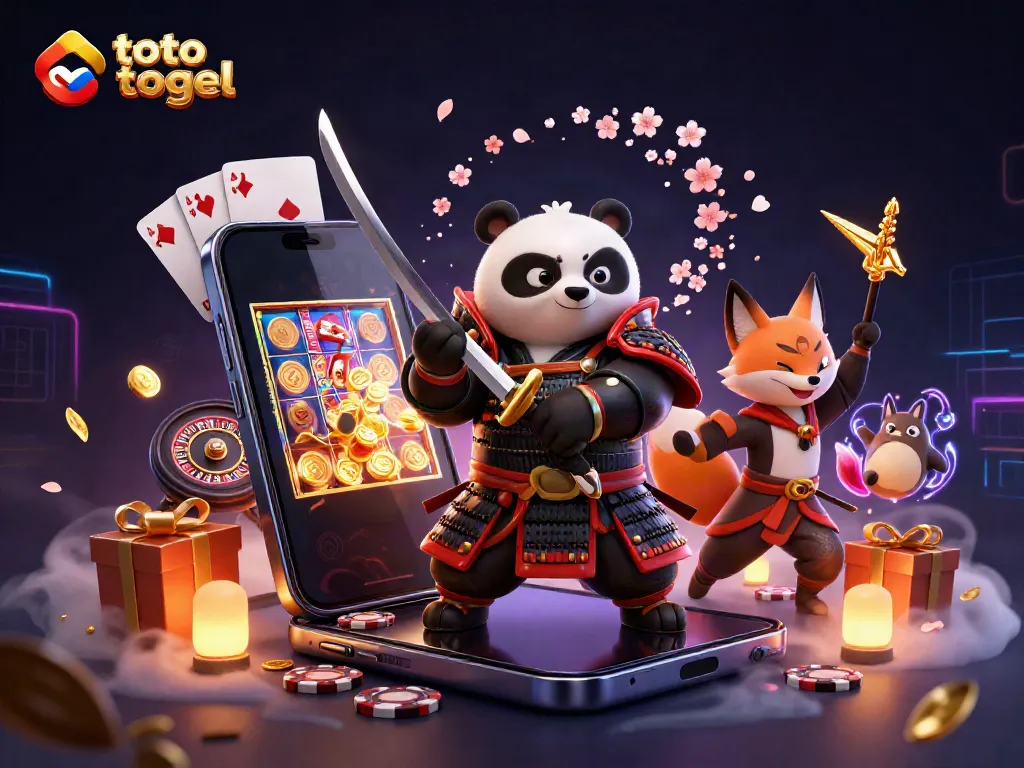 Engaging illustration for toto togel featuring a samurai panda, ninja fox, and spirit tanuki with gaming elements.