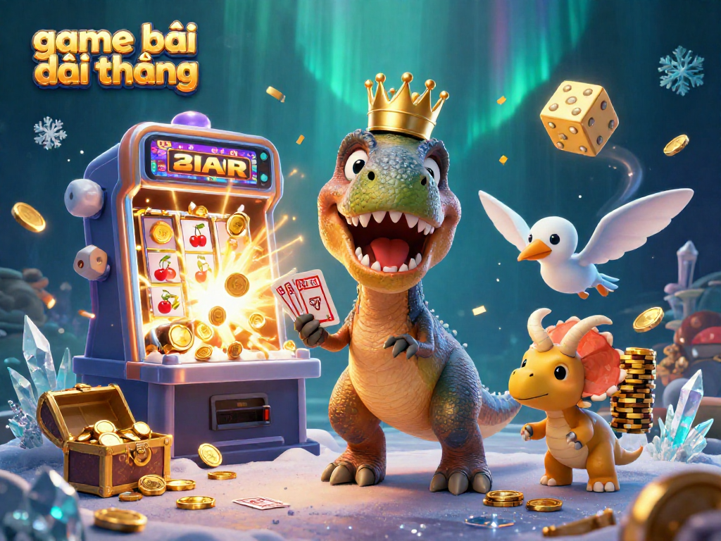 Play thrilling game bài đổi thưởng with a cartoon T-Rex dealing cards surrounded by exciting casino elements.