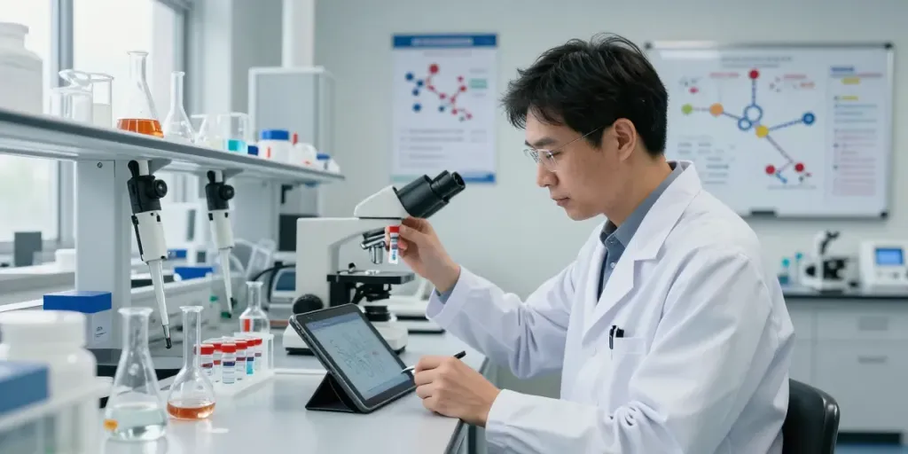 Scientist studying elora peptide in a bright laboratory.